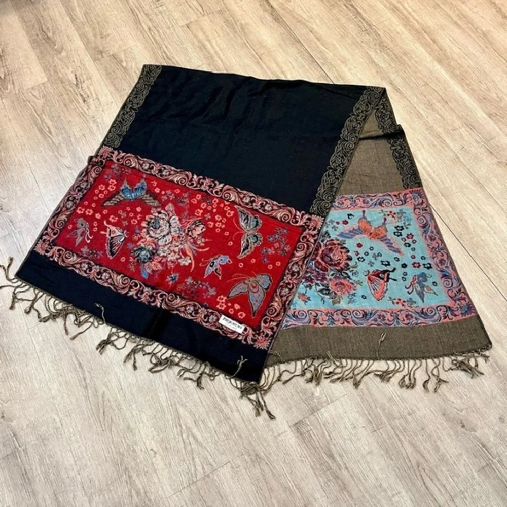 Pashmina, Red, Blue and Olive Colorblock Scarf Butterfly Pattern